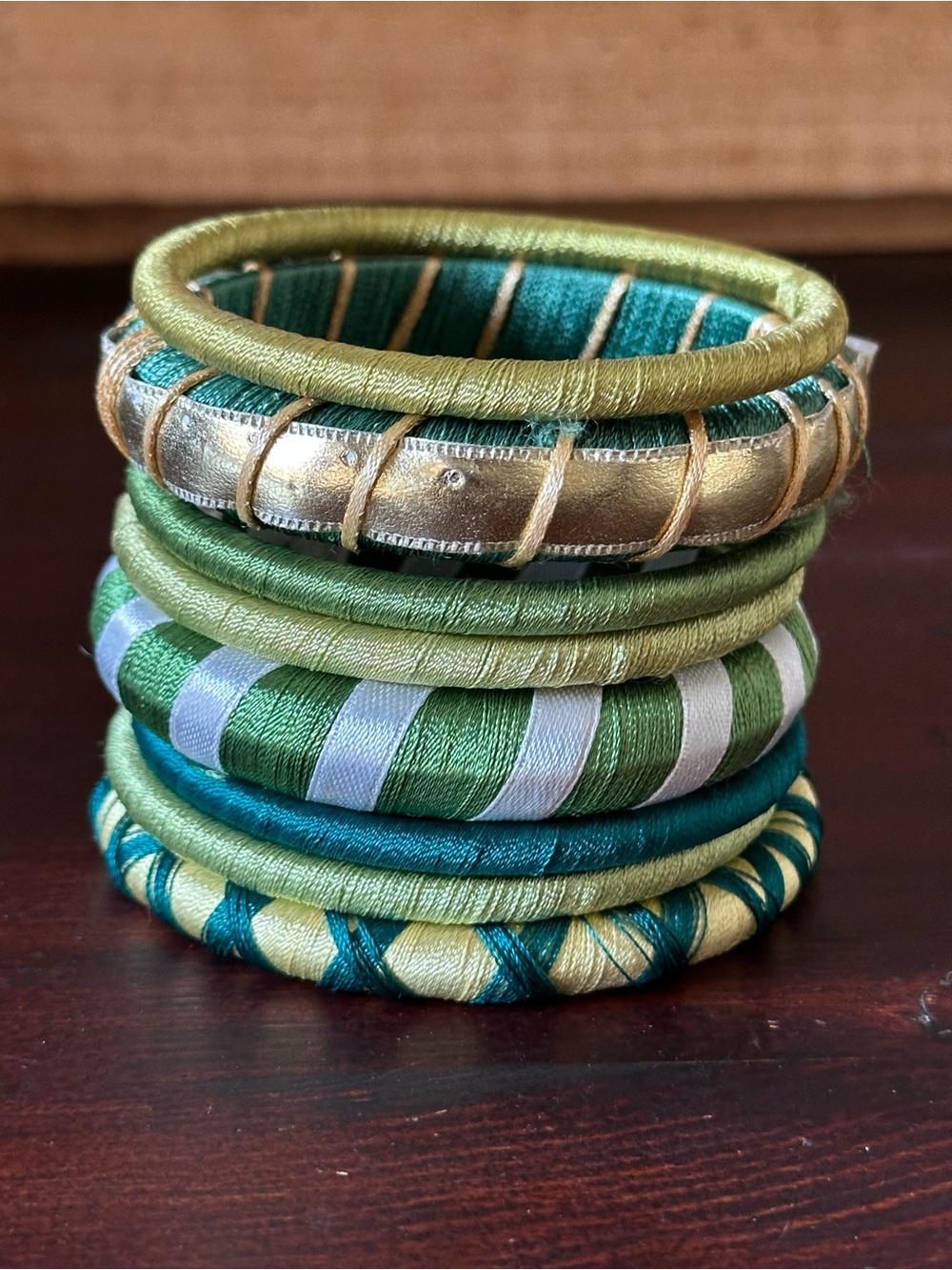 Stacked Silk-Wrapped Bangle Set in Green and Teal